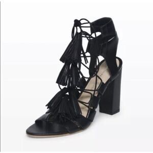 NEW Loeffler Randall Size 5 Luz Black Leather Tassel Lace Up Heels Sandals